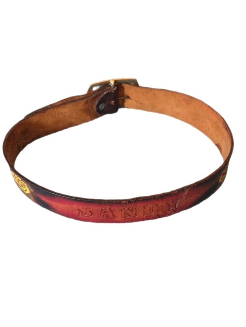 Vintage Tooled Leather Name Belt SANDY Painted Yellow Rose Western Boho - Picture 14 of 14